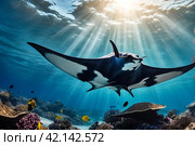 Manta Mobula (Mobulidae) cartilaginous fish swimming in tropical underwaters. Manta in underwater wild animal world. Observation of wildlife ocean. Scuba diving adventure in Ecuador coast. Стоковое AI-изображение, AI-художник Aleksandr Golubev / Фотобанк Лори