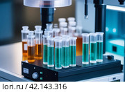 Modern Medical Research Laboratory. Scientific Lab Biotechnology. Equipment of that used in laboratories, hospitals, research labs, industry etc. Analysis of solvents, drugs, residues, pharmaceuticals. Стоковое AI-изображение, AI-художник Марина Демидюк / Фотобанк Лори