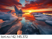 Sunset on frozen Lake. Стоковое AI-изображение, AI-художник Михаил Коханчиков / Фотобанк Лори