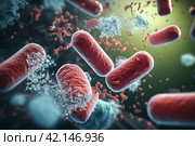 Close-up of multi-colored 3D bacteria under a color scanning electron micrograph. Стоковое AI-изображение, AI-художник Виталий Сова / Фотобанк Лори