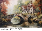 Old medieval park in English style with a bridge, watercolor,Generative AI. Стоковое AI-изображение, AI-художник Анна Кривицкая / Фотобанк Лори