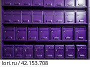 Purple steel Mailboxes in an apartment residential building inside. Modern rows of numbered mailbox, creative design mail backgrounds. Urban correspondence concept. Copy ad text space. Generated Ai. Стоковое AI-изображение, AI-художник Aleksandr Golubev / Фотобанк Лори