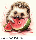A drawing of a cute hedgehog eating a slice of watermelon,Generative AI. Стоковое AI-изображение, AI-художник Анна Кривицкая / Фотобанк Лори