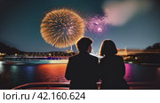 Lovers on the embankment under fireworks. Стоковое AI-видео, аниматор Юрий Поздников / Фотобанк Лори