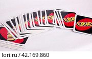 BELARUS, NOVOPOLOTSK - JANUARY 16, 2021: Uno cards close up. Редакционное фото, фотограф Аксенова Вера / Фотобанк Лори