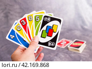 BELARUS, NOVOPOLOTSK - JANUARY 16, 2021: Uno cards close up. Редакционное фото, фотограф Аксенова Вера / Фотобанк Лори