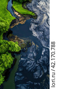 Oil spill on the surface of the reservoir. Стоковое AI-изображение, AI-художник Кирилл Черезов / Фотобанк Лори