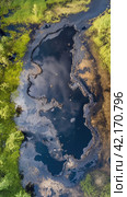 Oil spill on the surface of the reservoir. Стоковое AI-изображение, AI-художник Кирилл Черезов / Фотобанк Лори