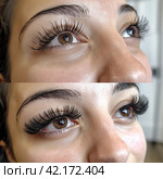 Eyelash Extensions Before and After. Стоковое AI-изображение, AI-художник Margarita Davchenko / Фотобанк Лори