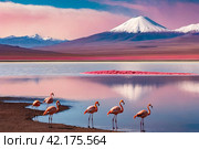 Landscape photo of Laguna Colorada lake with pink chilean flamingos at Andes mountains background. Scenery view of Bolivia in natural wilderness. Bolivian nature landmarks concept. Copy ad text space. Стоковое AI-изображение, AI-художник Aleksandr Golubev / Фотобанк Лори