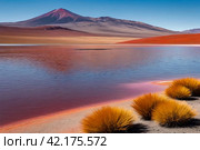 Landscape photo of Laguna Colorada lake with dry vegetation at Andes mountains background. Scenery view of Bolivia in natural wilderness. Bolivian nature landmarks concept. Copy ad text space, poster. Стоковое AI-изображение, AI-художник Aleksandr Golubev / Фотобанк Лори