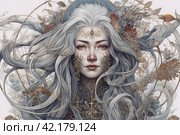 Drawing of a long-haired woman in shades of gray, portrait, ,Generative AI. Стоковое AI-изображение, AI-художник Анна Кривицкая / Фотобанк Лори