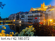 Metz cityscape at nigh with illuminated Cathedral on bank of Moselle River. Стоковое фото, фотограф Яков Филимонов / Фотобанк Лори