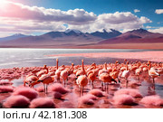 Scenery view of Laguna Colorada lake with pink chilean flamingos at Andes mountains background. Landscape photo of Bolivia in natural wilderness. Bolivian nature landmarks concept. Copy ad text space. Стоковое AI-изображение, AI-художник Aleksandr Golubev / Фотобанк Лори