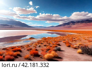 Landscape photo of Laguna Colorada lake with dry vegetation at Andes mountains background. Scenery view of Bolivia in natural wilderness. Bolivian nature landmarks concept. Copy ad text space, poster. Стоковое AI-изображение, AI-художник Aleksandr Golubev / Фотобанк Лори