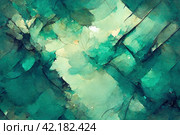 Soft beautiful backdrop. Abstract art featuring watercolor painting with emerald, malachite and teal colors. Stained spots and fades creating an abstract background design. Generative AI. Стоковое AI-изображение, AI-художник Андрей Степанов / Фотобанк Лори