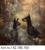 Doberman dogs in a fabulous forest, where a mysterious and magical atmosphere reigns, hyper realization, realism, ai image. Стоковое AI-изображение, AI-художник Вертинская Евгения / Фотобанк Лори