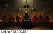Surreal meeting of a secret society in red cloaks,Generative AI. Стоковое AI-изображение, AI-художник Анна Кривицкая / Фотобанк Лори