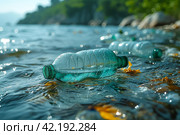 Problematic plastic bottles and microplastics floating in the open ocean. Marine plastic pollution concept, Стоковое AI-изображение, AI-художник Ирина Михайличенко / Фотобанк Лори