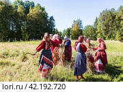 Женщины в русских национальных костюмах на сборе урожая. Фольклорный фестиваль "БОРОДА", посвященный окончанию полевых работ, на территории музея "Малые Корелы" (2023 год). Редакционное фото, фотограф Наталья Волкова / Фотобанк Лори