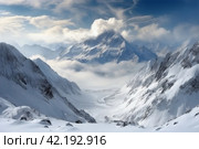 Snowy white peaks rise against the clear blue winter sky,Generative AI. Стоковое AI-изображение, AI-художник Анна Кривицкая / Фотобанк Лори