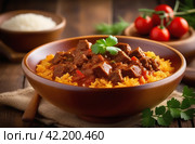 Простой домашний ужин. Рис, мясо с подливкой, зелень и помидоры. Гуляш из говядины крупным планом. Стоковое AI-изображение, AI-художник Ирина / Фотобанк Лори