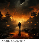 Military man in front of a burning city,Generative AI. Стоковое AI-изображение, AI-художник Анна Кривицкая / Фотобанк Лори