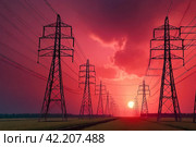 Electricity distribution station pylons on background of red acid sky. Silhouette image power line support high voltage power transmission tower and lines in an urban pollution environment. Copy space. Стоковое AI-изображение, AI-художник Aleksandr Golubev / Фотобанк Лори