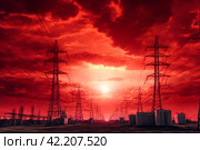 Electricity distribution station pylons on background of red acid sky. Silhouette image power line support high voltage power transmission tower and lines in an urban pollution environment. Copy space. Стоковое AI-изображение, AI-художник Aleksandr Golubev / Фотобанк Лори