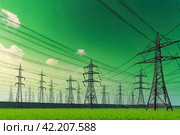 Electricity distribution station pylons on background of green acid sky. Silhouette image power line support high voltage power transmission tower and lines in urban pollution environment. Copy space. Стоковое AI-изображение, AI-художник Aleksandr Golubev / Фотобанк Лори