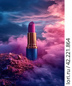 A large red lipstick in a bunch of blue and purple eye shadow. The concept of a make-up. Стоковое AI-изображение, AI-художник Ярославский Максим / Фотобанк Лори