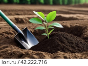 Young tree sapling lies at dug hole next to shovel and is ready to plant in ground. Background for gentrification of territory. Concept of landscaping, nature, environment and ecology. Copy space. Стоковое AI-изображение, AI-художник Aleksandr Golubev / Фотобанк Лори