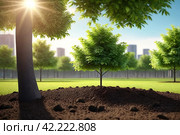 Planted young sapling of trees in an urban environment on territory of house. Background for gentrification of city. Concept of landscaping, nature, environment and ecology. Copy space. Стоковое AI-изображение, AI-художник Aleksandr Golubev / Фотобанк Лори