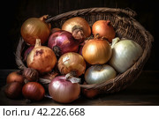 Organic farm onion basket. Generate Ai. Стоковое AI-изображение, AI-художник Иван Рябоконь / Фотобанк Лори