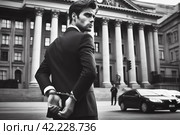 A young man handcuffed in handcuffs in front of the courthouse. AI generative. Стоковое AI-изображение, AI-художник Роман Дзюбало / Фотобанк Лори