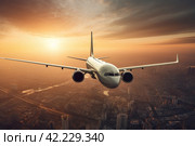 Aeroplane flying sunset. Generate AI. Стоковое AI-изображение, AI-художник Иван Рябоконь / Фотобанк Лори