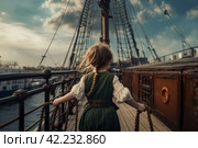 Pirate kid aboard pirate ship. Generate Ai. Стоковое AI-изображение, AI-художник Иван Рябоконь / Фотобанк Лори