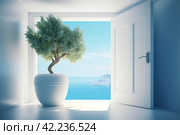 Doorway sea blue planter. Generate Ai. Стоковое AI-изображение, AI-художник Иван Рябоконь / Фотобанк Лори