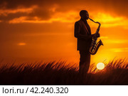 Saxophonist sunset play. Generate Ai. Стоковое AI-изображение, AI-художник Иван Рябоконь / Фотобанк Лори