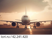 Airplane land takeoff sunset. Generate Ai. Стоковое AI-изображение, AI-художник Иван Рябоконь / Фотобанк Лори