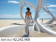 Fashion catwalk on the seashore with a model in white showing off an outfit,Generative AI. Стоковое AI-изображение, AI-художник Анна Кривицкая / Фотобанк Лори