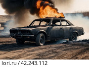 Completely burnt out and carbonized car. Vehicle blown up by military shell burned abandoned automobile during war operations. Copy ad text space. Стоковое AI-изображение, AI-художник Aleksandr Golubev / Фотобанк Лори