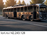 Completely burnt out and carbonized bus. Vehicle blown up by military shell burned abandoned automobile during war operations. Copy ad text space. Стоковое AI-изображение, AI-художник Aleksandr Golubev / Фотобанк Лори