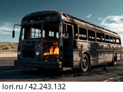 Completely burnt out and carbonized bus. Vehicle blown up by military shell burned abandoned automobile during war operations. Copy ad text space. Стоковое AI-изображение, AI-художник Aleksandr Golubev / Фотобанк Лори