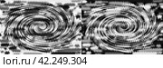 Monochrome spirals intertwine with zigzags. A set of monochrome abstract textures with circles radiating from the centers. Illustration. Стоковая иллюстрация, иллюстратор Бузмакова Светлана / Фотобанк Лори
