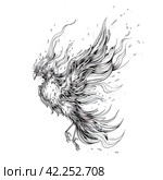 Phoenix illustration, drawing, engraving, ink, line art, vector. Sketch of a tattoo in the form of a Firebird. T-shirt apparel print design. Стоковое AI-изображение, AI-художник Ирина Ручушкина / Фотобанк Лори