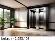 Modern steel elevator cabin in house or multi-apartment skyscraper. Background of interior floor of elevator platform with elevators and sunlight in business center. Copy space for site. Стоковое AI-изображение, AI-художник Aleksandr Golubev / Фотобанк Лори