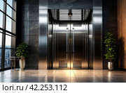 Modern steel elevator cabin in house or multi-apartment skyscraper. Background of interior floor of elevator platform with elevators and sunlight in business center. Copy space for site. Стоковое AI-изображение, AI-художник Aleksandr Golubev / Фотобанк Лори