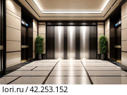 Background of interior floor of elevator platform with elevators and sunlight in business center. Modern steel elevator cabin in house or multi-apartment skyscraper. Copy space for site. Стоковое AI-изображение, AI-художник Aleksandr Golubev / Фотобанк Лори