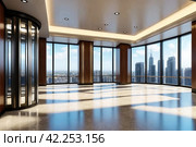 Background of interior floor of elevator platform with elevators and sunlight in business center. Modern steel elevator cabin in house or multi-apartment skyscraper. Copy space for site. Стоковое AI-изображение, AI-художник Aleksandr Golubev / Фотобанк Лори
